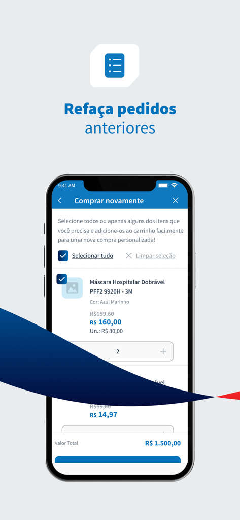 A mobile screen from the Dental Cremer app showing the interface to quickly reorder previously purchased dental supplies and clinical materials.