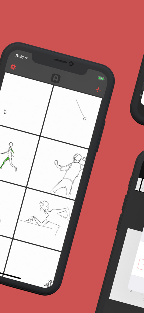 A smartphone screen displaying the Animatic app interface with a grid of hand-drawn animation frames.
