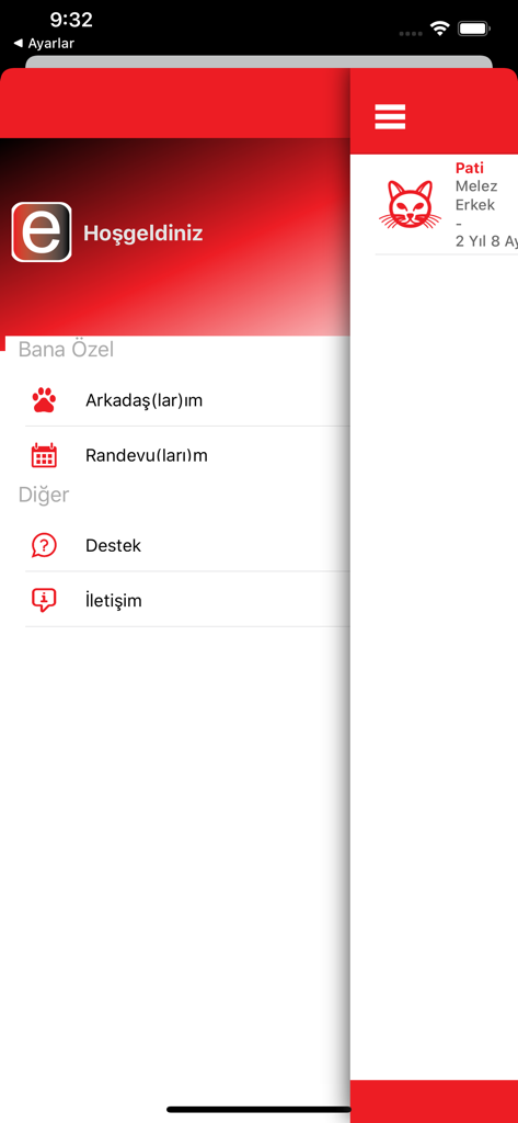 Evet Pro - Menu de navigation latéral de l'application vétérinaire Evet Pro montrant un profil d'animal et des options de menu pour les rendez-vous et le support
