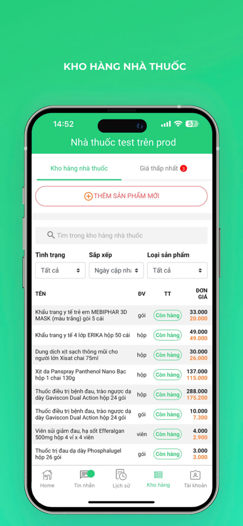 Medigo Đối Tác - Medigo Doi Tac app screen displaying a pharmacy inventory list with product names and availability status