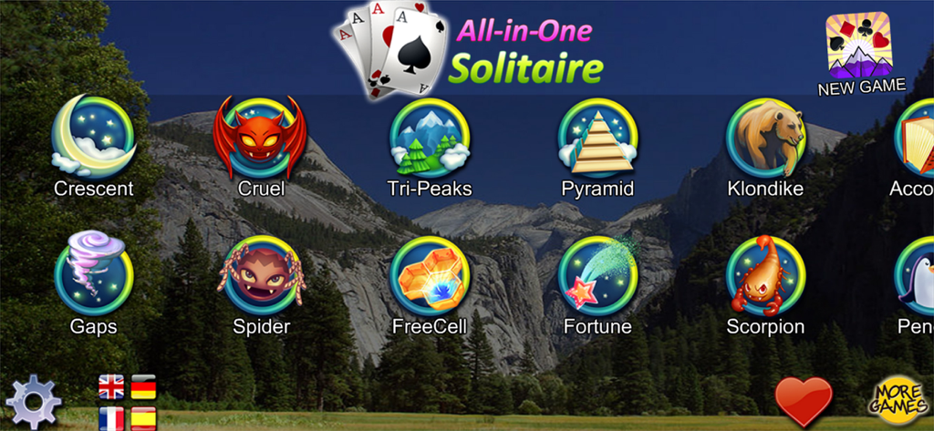 Main menu of All-in-One Solitaire Pro app displaying icons for multiple card game variants over a mountain landscape background.