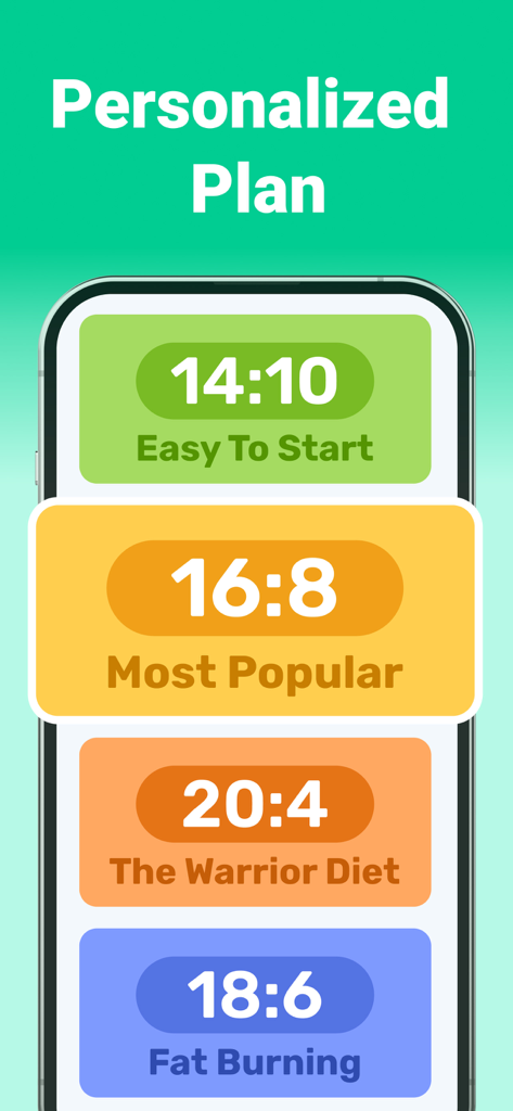 A mobile app interface displaying personalized intermittent fasting plans including 16 8 and the warrior diet