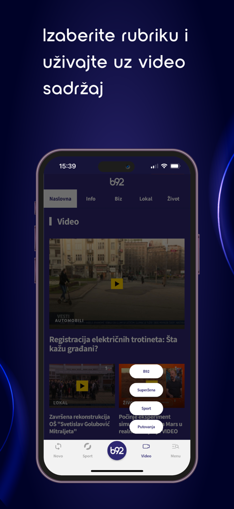 B92 mobile news app interface displaying video reports and category navigation