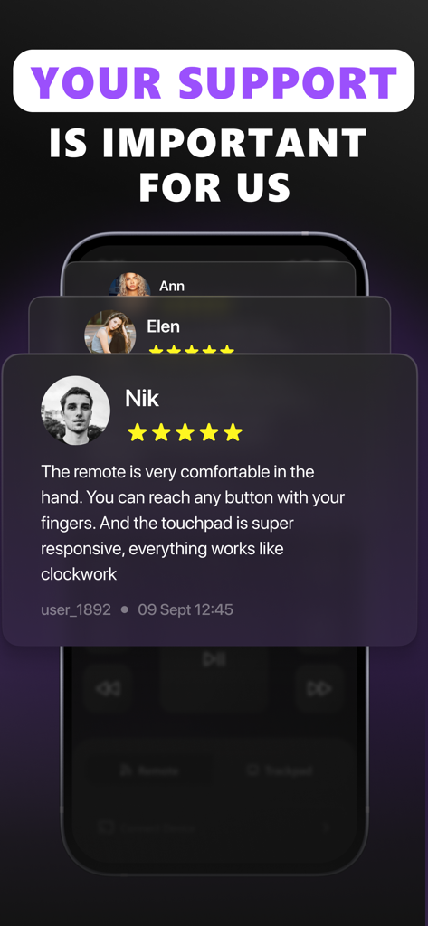 Positive user testimonials and five star ratings for the TCL and Onn TV remote control app