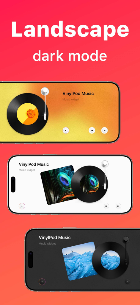 VinylPod music widget displayed in landscape and dark mode on iPhone screens showing spinning vinyl records and album art