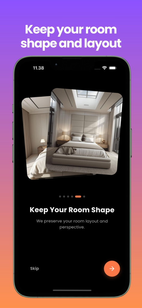 Bedroom Design AI Planner - Smartphone screen of Bedroom Design AI Planner app showcasing the room shape and layout preservation feature.