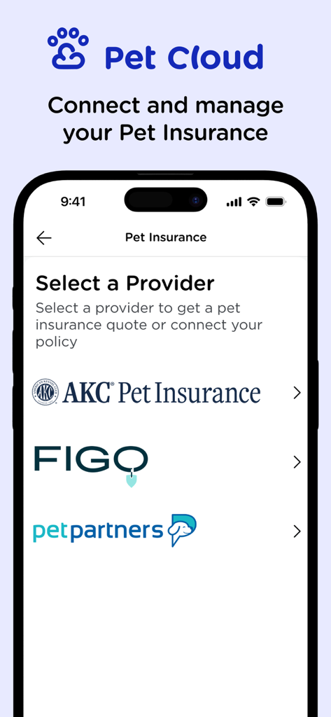 Bildschirm eines Smartphones mit der Benutzeroberfläche der Pet Cloud App zur Auswahl eines Haustierversicherungsanbieters, einschließlich AKC und Figo.