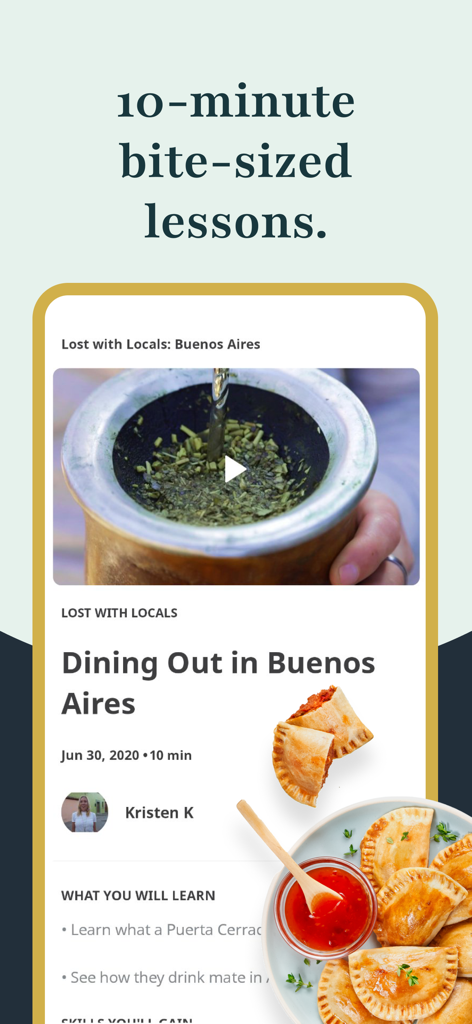 Rosetta Stone: Learn Languages - Interfaz de la aplicación Rosetta Stone que muestra lecciones culturales concisas de 10 minutos.