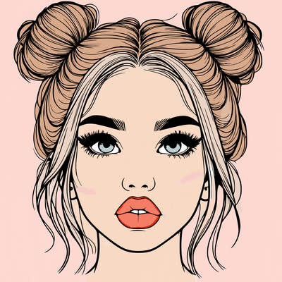 realistic girl with two buns on her hair and lips