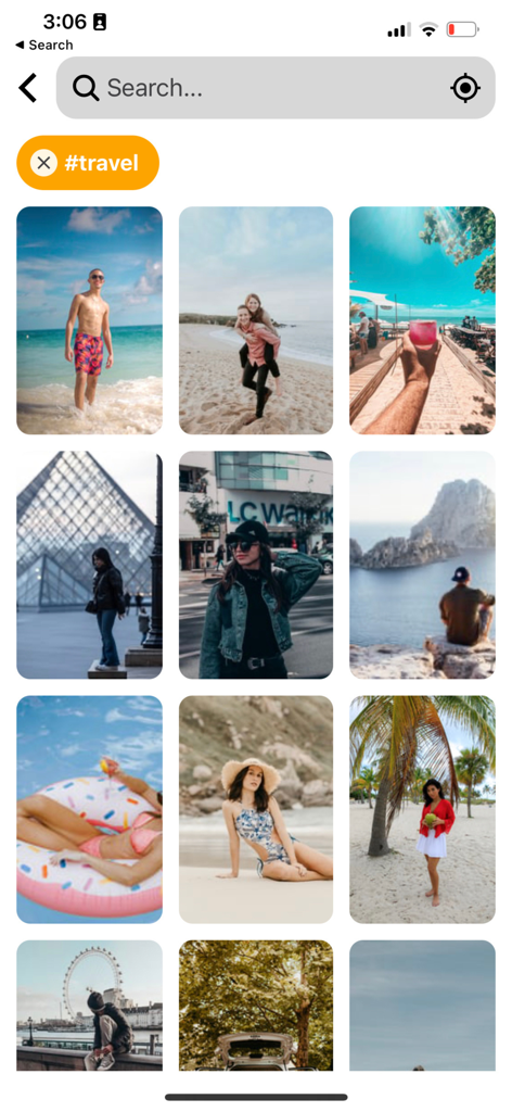 dittoed - Galeria de modelos de fotos com tema de viagem na tela de pesquisa do aplicativo dittoed.