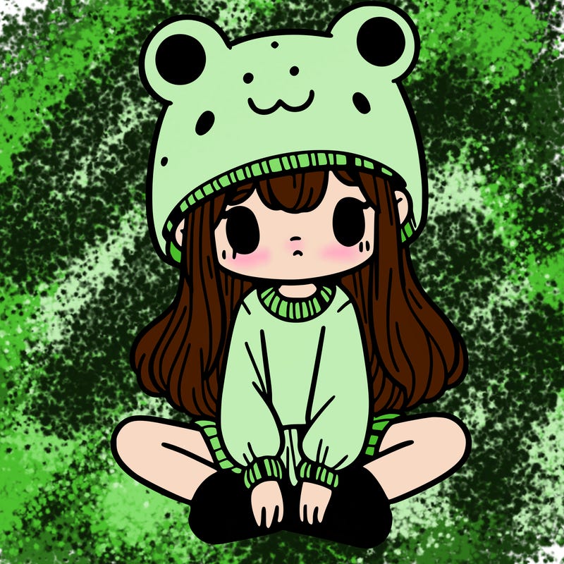 a girl wearing a frog hat and some frog socks