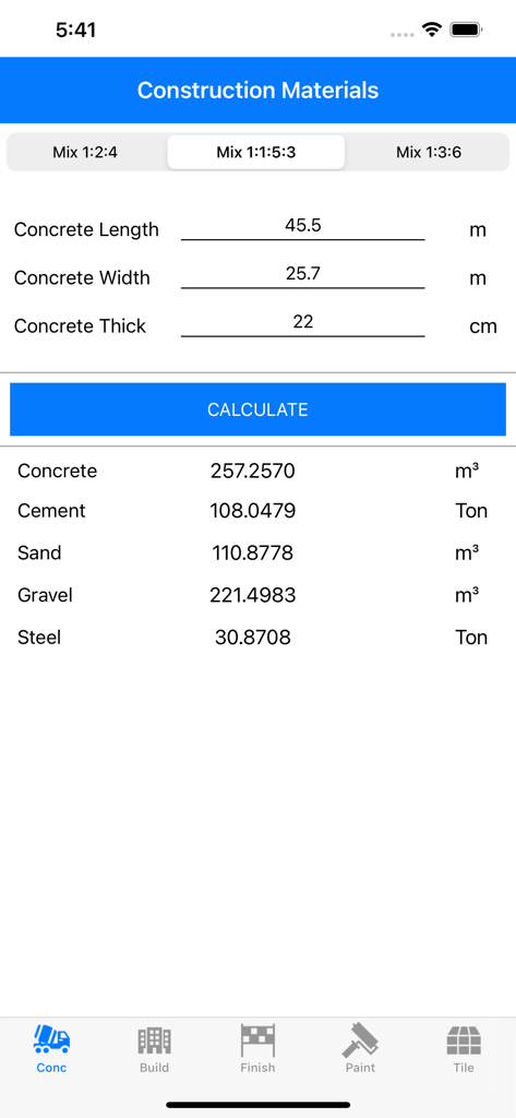 Construction Calculator Pro+ - Aplicación calculadora de materiales de construcción que muestra estimaciones de hormigón, cemento, arena y grava