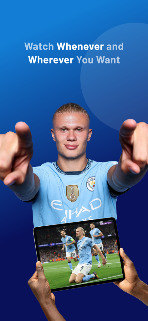 Pantalla promocional de StreamBluu con Erling Haaland y un partido de fútbol en vivo en una tableta.