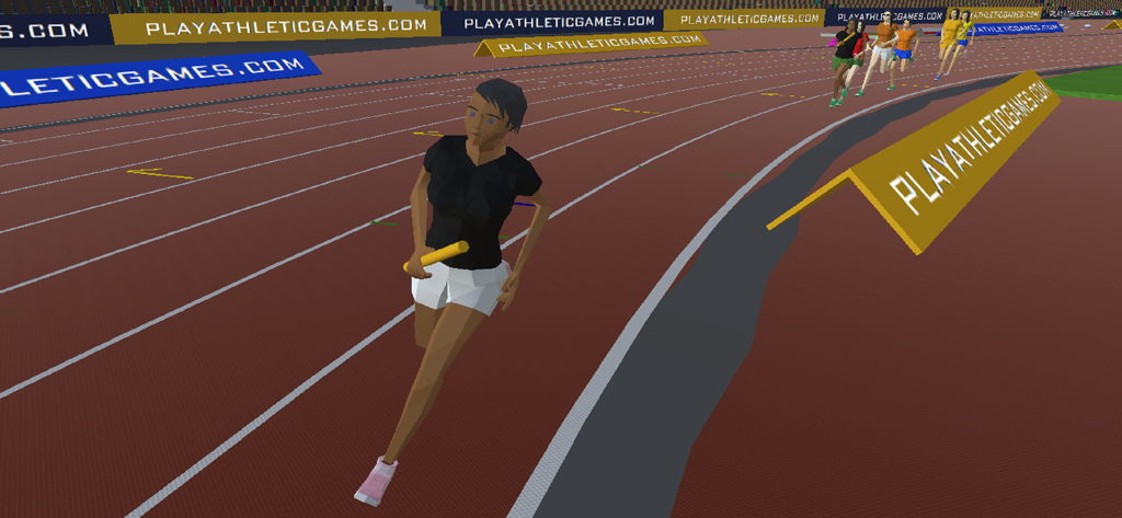 Athletic Games - A low-poly athlete runs a relay race with a baton on a track stadium in the Athletic Games mobile app.