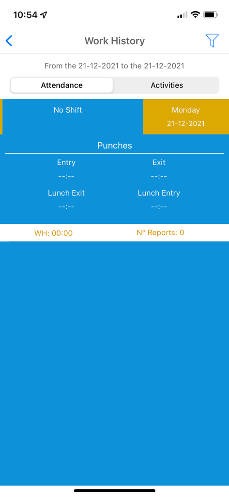 GeoVictoria - GeoVictoria app work history interface showing attendance punches for entry and exit times