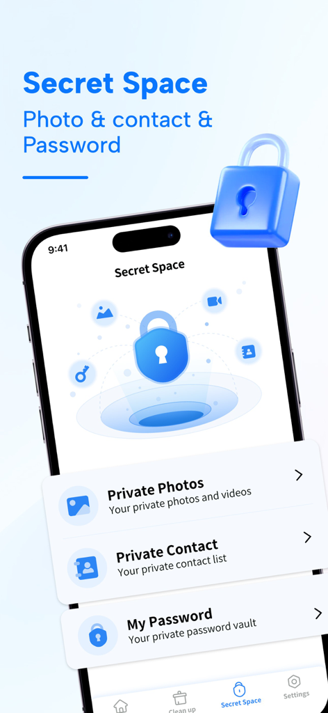 Tela do iPhone exibindo o recurso Espaço Secreto para fotos privadas e gerenciamento de senhas no aplicativo Cleaner Suite