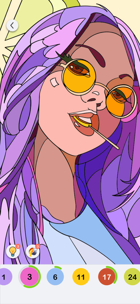 Color Fever - Color by Number - A digital coloring page in the Color Fever app featuring a portrait of a woman with purple hair and sunglasses to color by number.