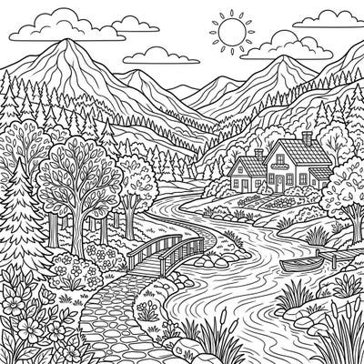 Discover a beautiful digital landscape coloring page, thoughtfully designed with clear, bold lines for seniors. Immerse yourself in a peaceful scene featuring a charming house, river, and majestic mountains.