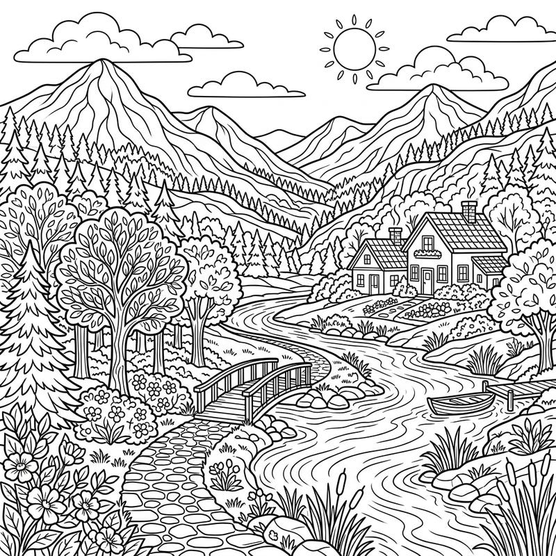 Discover a beautiful digital landscape coloring page, thoughtfully designed with clear, bold lines for seniors. Immerse yourself in a peaceful scene featuring a charming house, river, and majestic mountains.