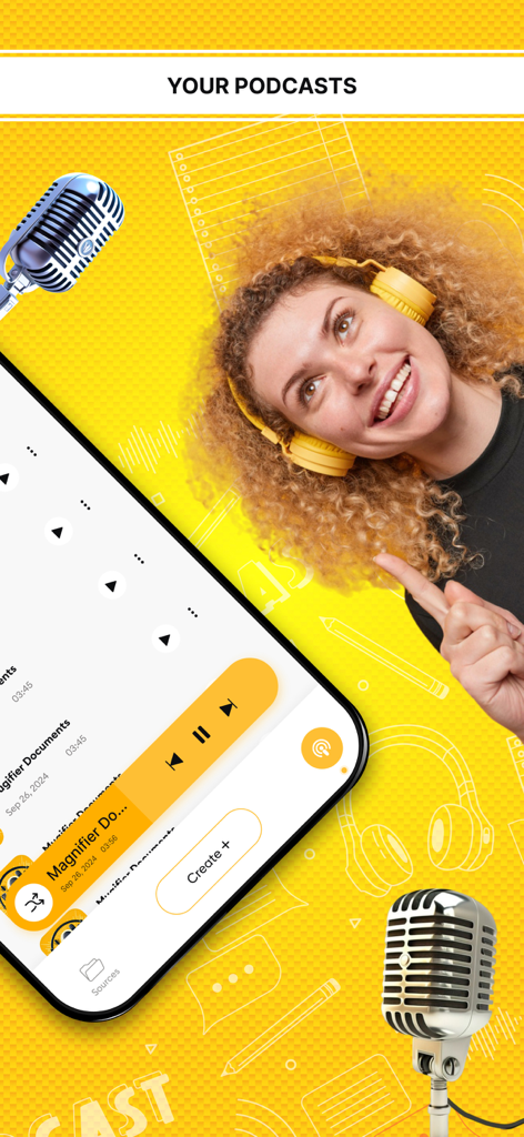 AI Notebook LM - PodifyGPT - A woman wearing headphones listening to a document turned into a podcast with the PodifyGPT app interface displayed.