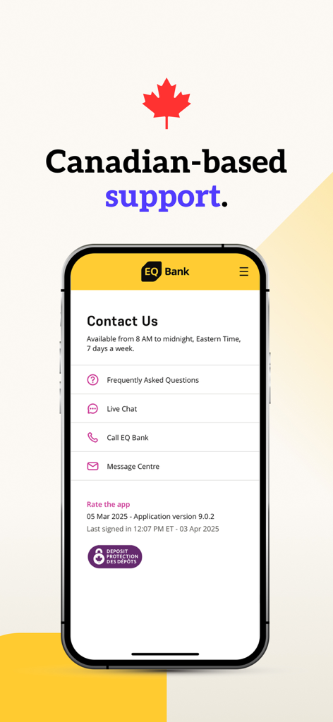 EQ Bank Mobile Banking - EQ Bank mobile banking app screen showing customer support contact options and hours