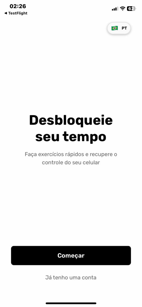 PushTime: Controle de Tela - PushTime App-Begrüßungsbildschirm mit der Nachricht Unlock your time und einem Startknopf