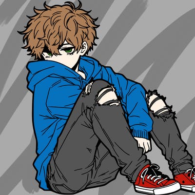 a male hoddie ripped jeans messy hair anime