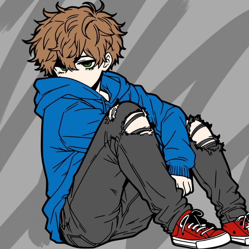 a male hoddie ripped jeans messy hair anime