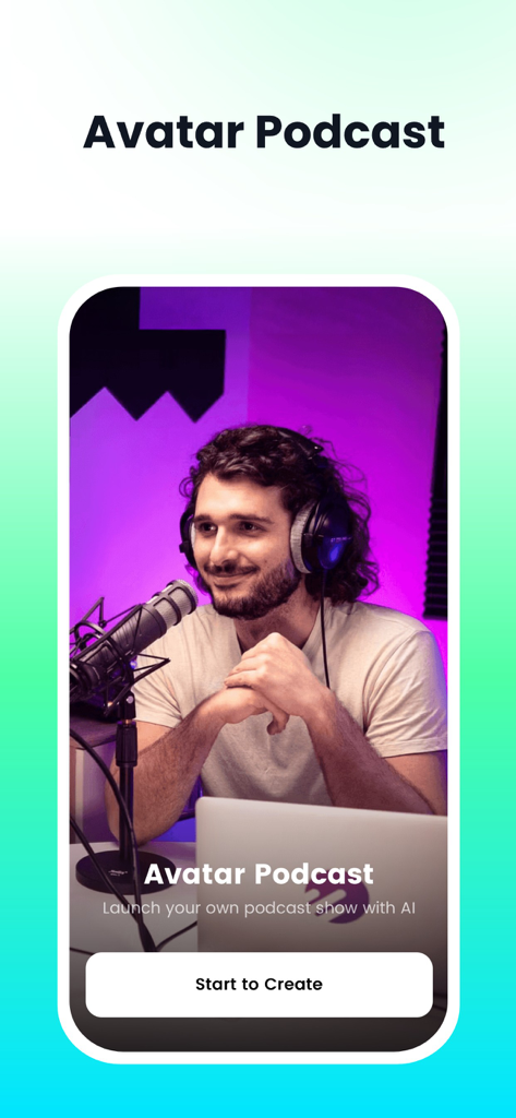 Interface do recurso Avatar Podcast mostrando um homem com fones de ouvido e um microfone profissional em um cenário de estúdio.