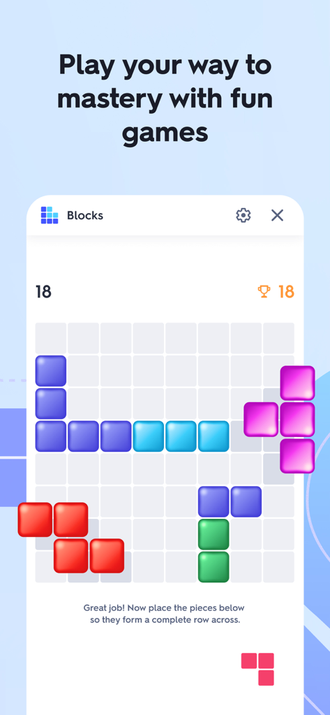 L'interface de l'application Quizlet propose un jeu de puzzle de blocs colorés pour une étude interactive.