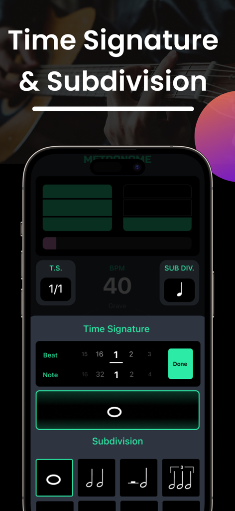 Metronome Master: Beats Tempo - Metronome Master app interface showing time signature and subdivision settings