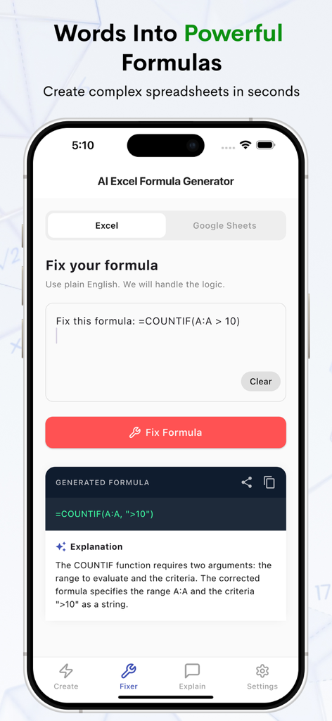 AI Excel Formula Generator - AI Excel Formula Generator app interface showing how to fix a COUNTIF formula syntax error with a detailed explanation.