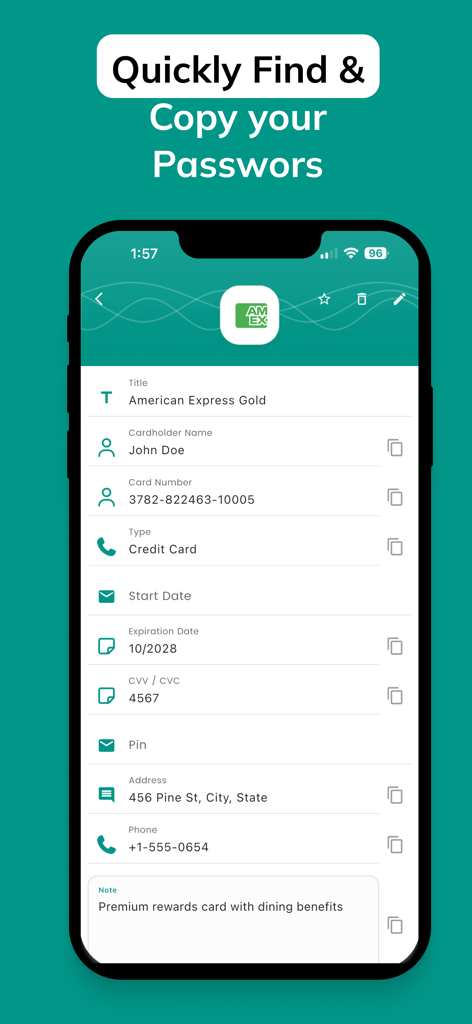 DroidPass Password Manager - DroidPass app interface showing a stored American Express card with encrypted details and quick copy buttons.
