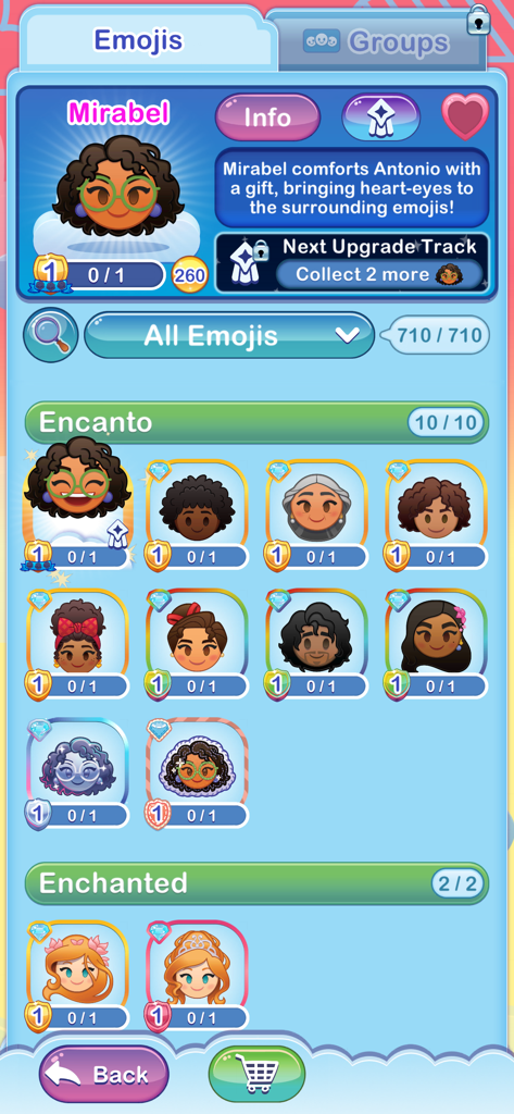 Character collection screen in Disney Emoji Blitz featuring Encanto emojis and Mirabel