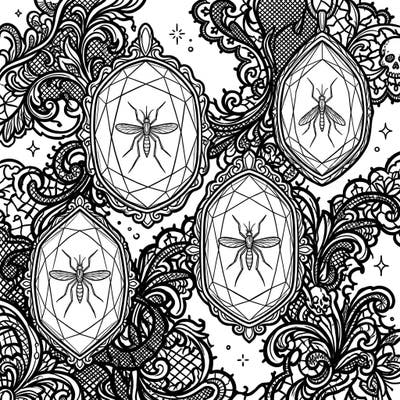 Dive into a world where ancient insects meet dark romance with our Gothic Amber Mosquitoes coloring page. This intricate design, featuring detailed lace and fascinating specimens, offers a unique and captivating artistic journey.