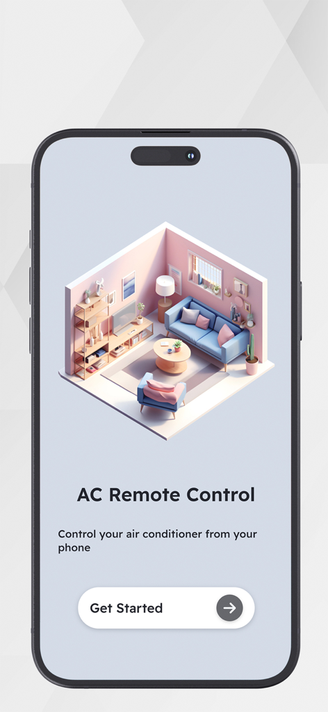 AC Remote Control Universal - Welcome screen of the AC Remote Control app showing an isometric 3D living room illustration and a get started button on a smartphone