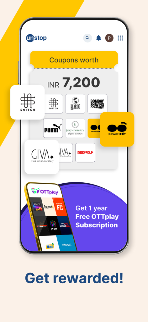 Unstop - Unstop app screen showing rewards including brand coupons and a free OTTplay subscription for active users