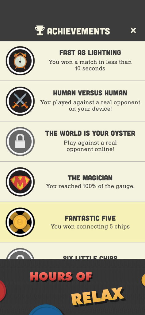 Four In A Row - Classic Games - Erfolgsmenü im mobilen Spiel Vier Gewinnt, das verschiedene Herausforderungen und Abzeichen zeigt.
