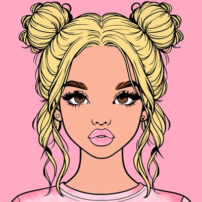 realistic girl with two buns in hair and lips