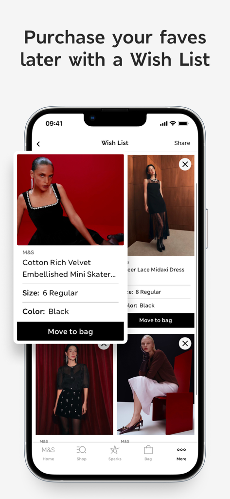 Marks and Spencer app wishlist screen showing saved fashion items and a move to bag button