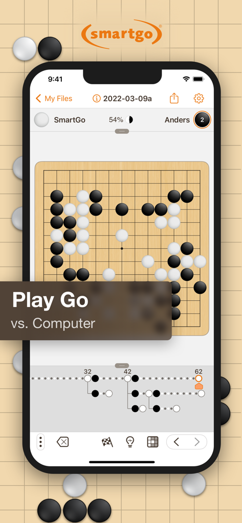 SmartGo One - SmartGo One mobile app screenshot showing a Go board game match against a computer AI on an iPhone.