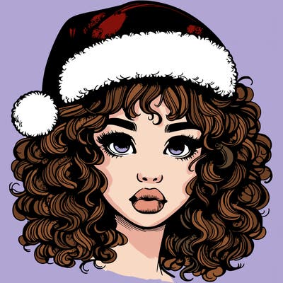 realistic girl with a santa hat curly hair and lips