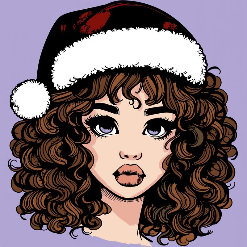 realistic girl with a santa hat curly hair and lips