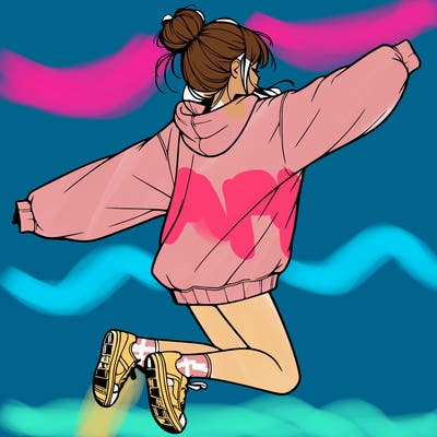 realistic girl jumping with a bun and oversized sweatshirt