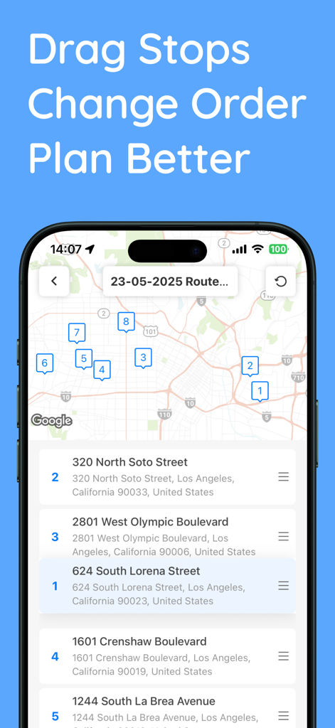 Interface do aplicativo Loop Route Planner mostrando um mapa com pinos de entrega numerados e uma lista de endereços em Los Angeles para arrastar e reordenar paradas.