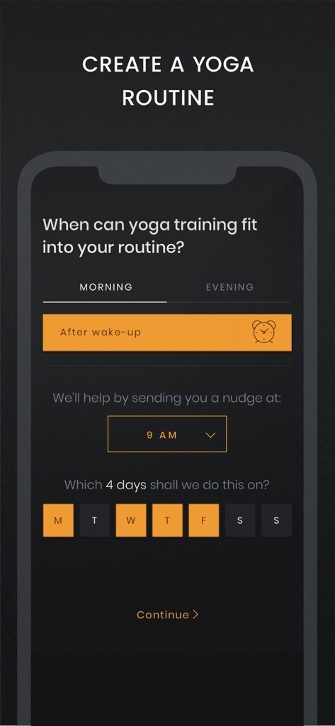 Skill Yoga - Train Mind & Body - Pantalla de la aplicación Skill Yoga para crear un horario de entrenamiento personalizado con sesiones matutinas o vespertinas y configuraciones de frecuencia
