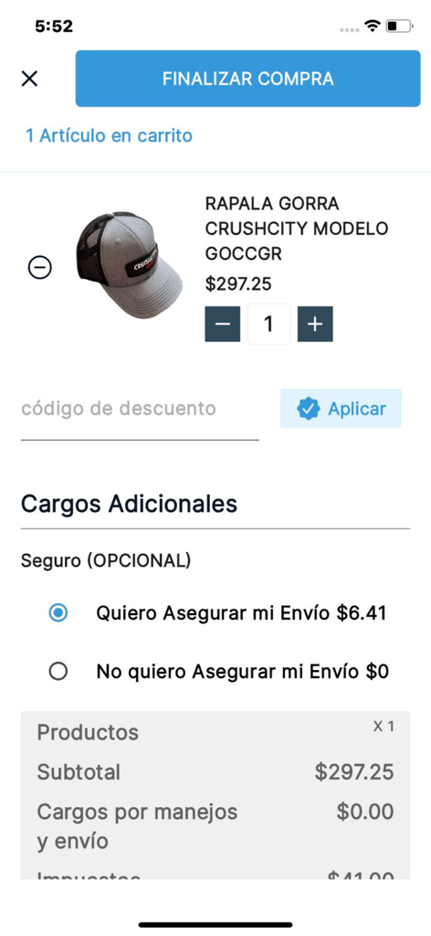 Curricanes.com - Checkout screen of the Curricanes app showing a Rapala hat in the shopping cart