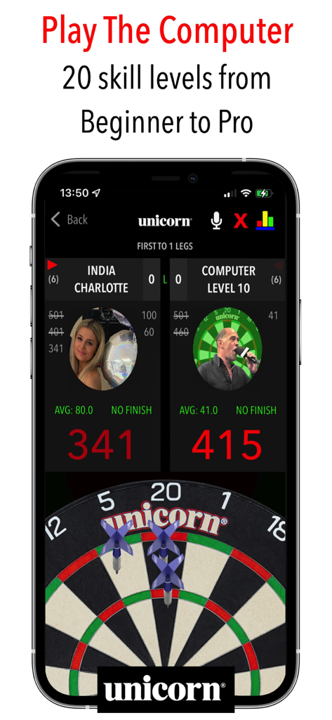 A mobile phone screen showing a darts match against a computer opponent with twenty skill levels on a Unicorn dartboard