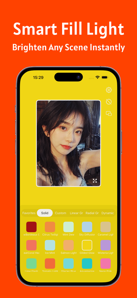 GlowCam app interface showing the smart fill light feature with various color presets for selfies