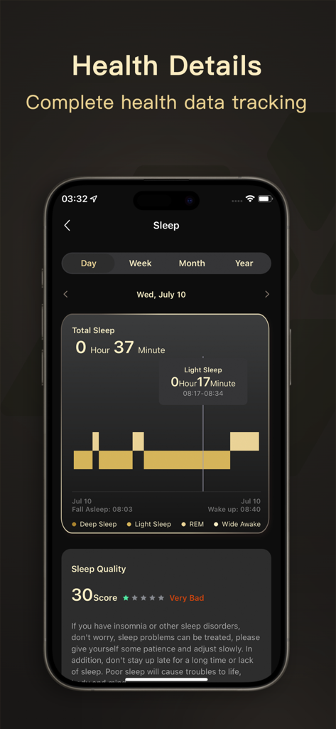 WearJoy app screenshot showing sleep data tracking and health details analysis